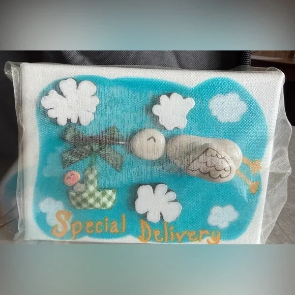 “Stork” Wall Art.  Handpainted canvas in baby shower/announcement theme. - Picture 2 of 6